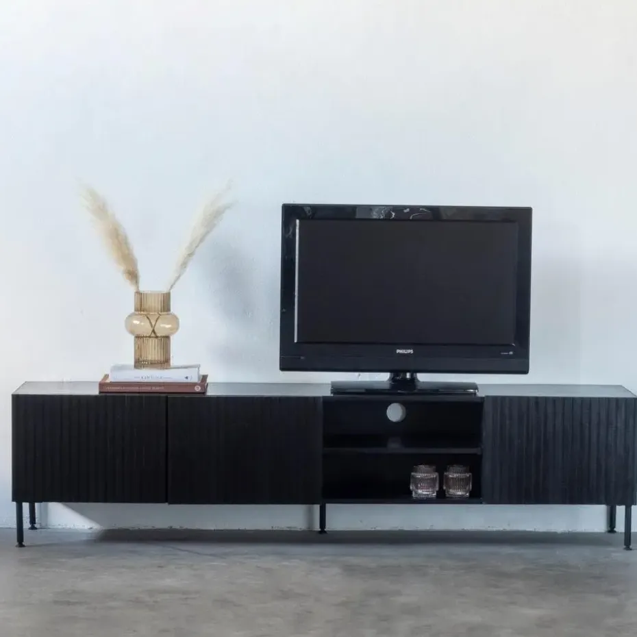 Tv-Meubel Mangohout Zwart - 200x40x50cm - 3-Deurs - Kast Roman