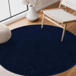 Uni Rond Effen Laagpolig Vloerkleed Modern Donker Blauw Navy - 120 CM ROND