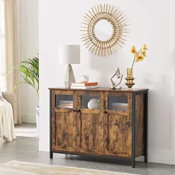 Vasagle Dressoir in industriële stijl met glazen deuren, rustiek bruin en zwart