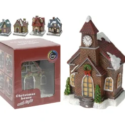 Verlicht kerstkerkje - rood dak - polystone - 13 cm