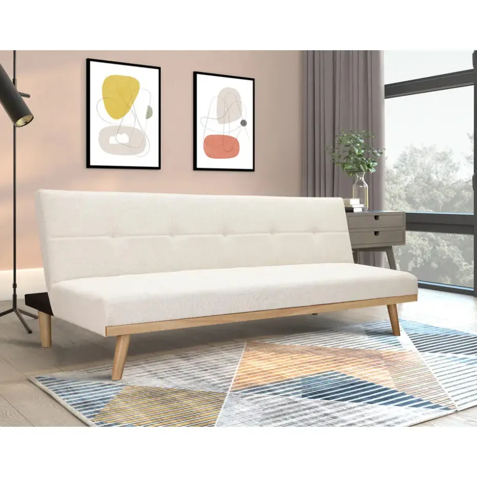 Vicky - 3-zits slaapbank met houten poten / crèmekleurige stof