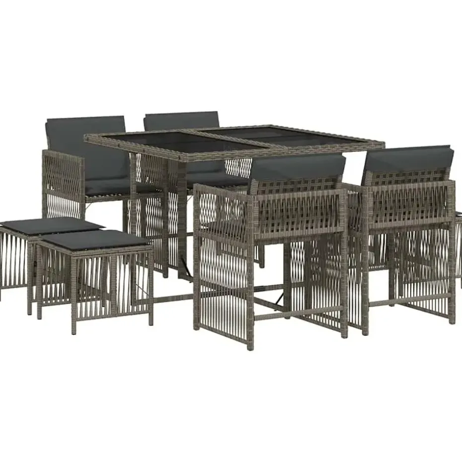 vidaXL - 9 delige Tuinset donkergrijs kussens 4 krukken - PE rattan - 110x106 cm