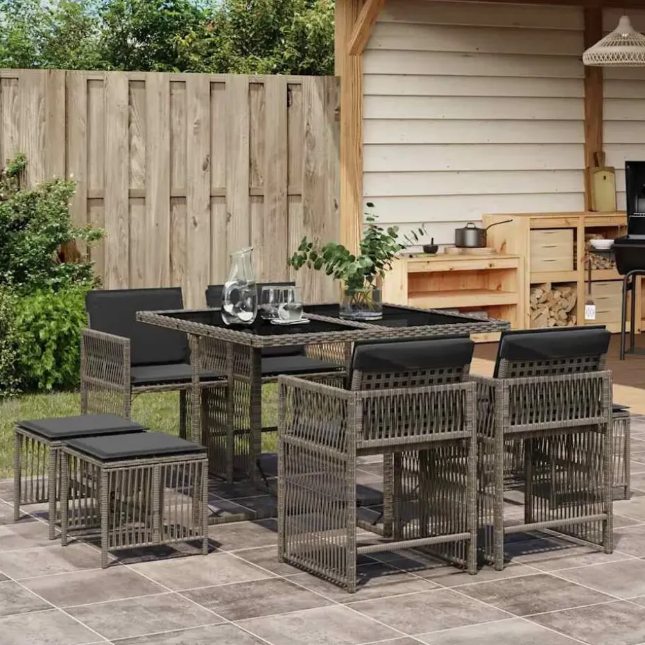 vidaXL - 9 delige Tuinset donkergrijs kussens 4 krukken - PE rattan - 110x106 cm