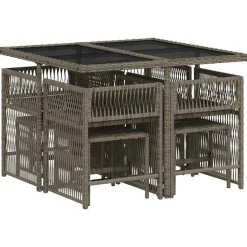 vidaXL - 9 delige Tuinset donkergrijs kussens 4 krukken - PE rattan - 110x106 cm