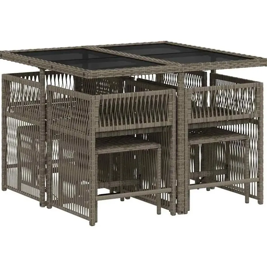 vidaXL - 9 delige Tuinset donkergrijs kussens 4 krukken - PE rattan - 110x106 cm