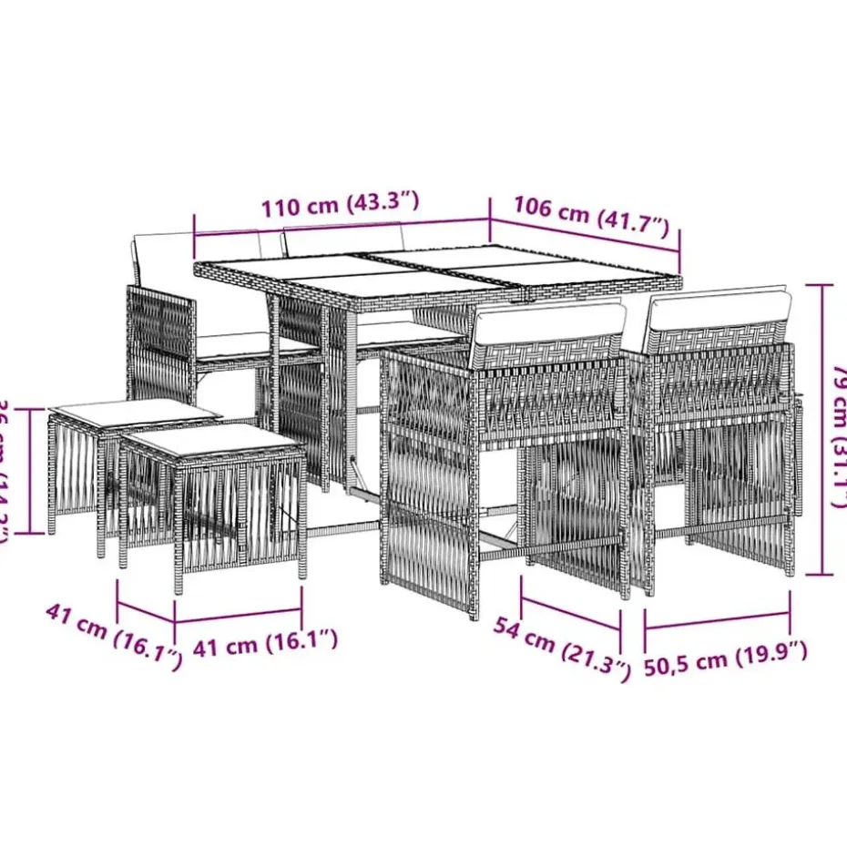 vidaXL - 9 delige Tuinset donkergrijs kussens 4 krukken - PE rattan - 110x106 cm