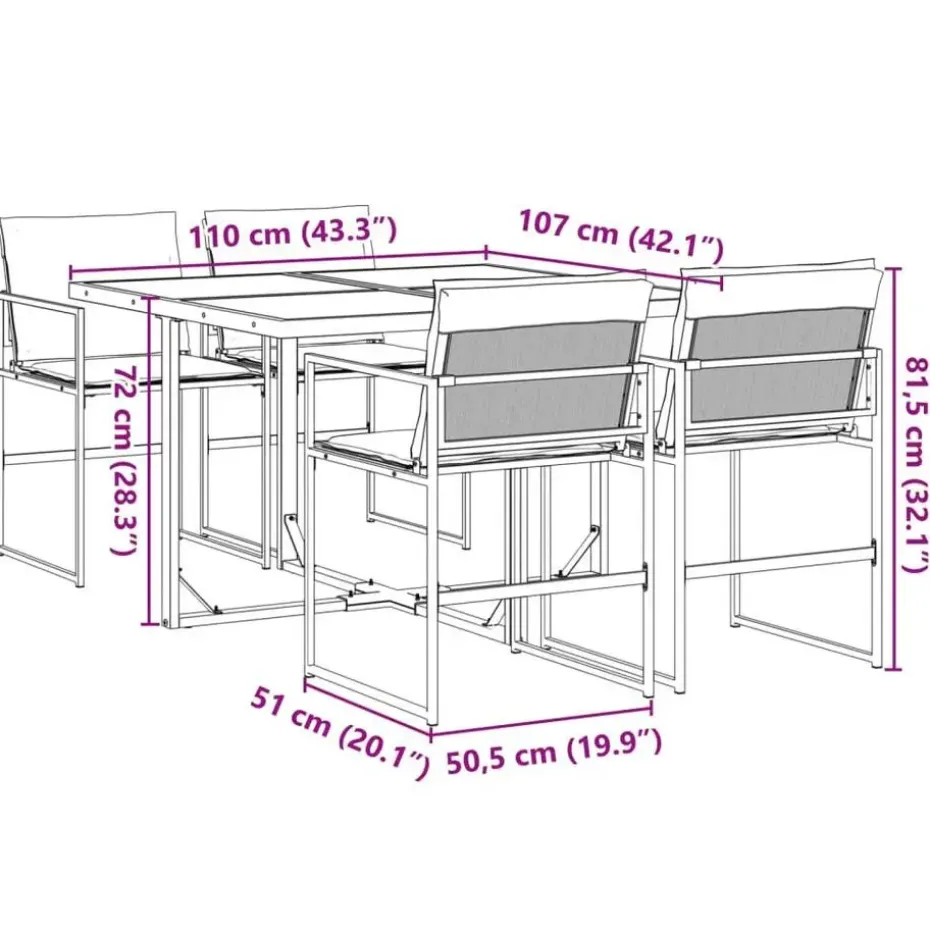 vidaXL - 5-delige inklapbaar Tuinset gris kussens -Zwart textileen - 110x107 cm