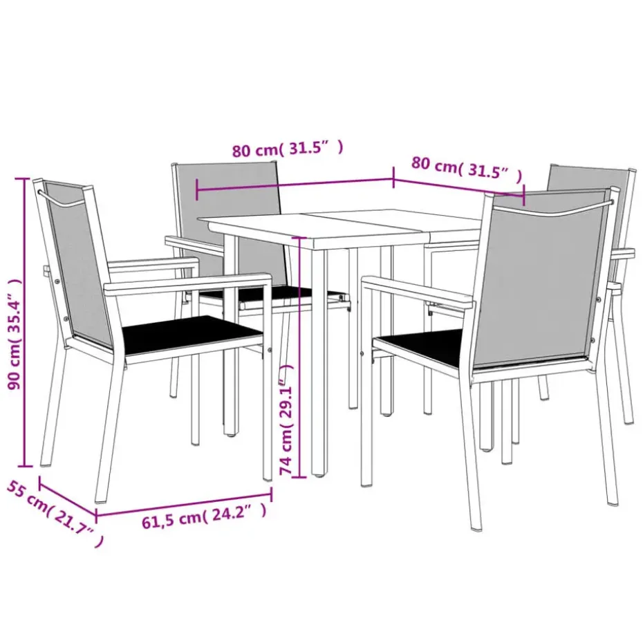 vidaXL - 5-delige Tuinset 4 fauteuils - Zwart - Textileen - 80x80 cm