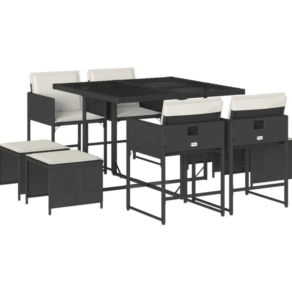 vidaXL - 9-delige Tuinset 4 krukken wit kussens - Zwart - PE rattan - 110x106 cm