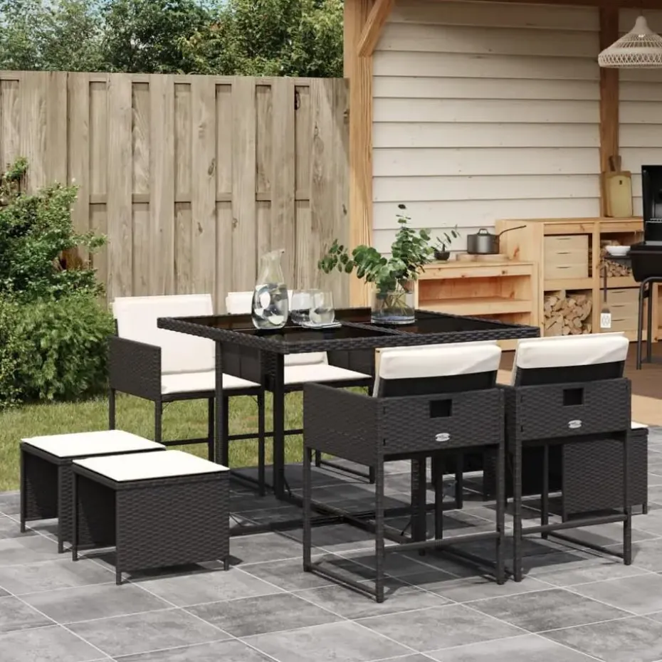 vidaXL - 9-delige Tuinset 4 krukken wit kussens - Zwart - PE rattan - 110x106 cm