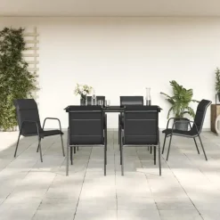 vidaXL - 7-delige Tuinset - Zwart - Textileen en staal - 140x70 cm