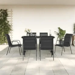 vidaXL - 7-delige Tuinset - Zwart - Textileen met voering en staal - 140x70 cm