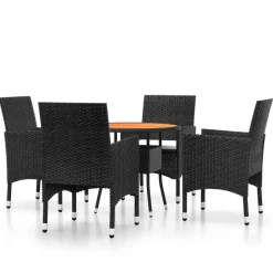 vidaXL - 5-delige Tuinset met kussens zwart - Poly rattan en hout - ø 80 cm