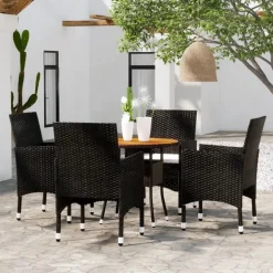 vidaXL - 5-delige Tuinset met kussens zwart - Poly rattan en hout - ø 80 cm