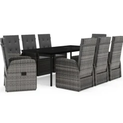 vidaXL - 9-delige Tuinset met kussens 8 grijs verstelbaar stoelen - 200x100 cm