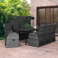 vidaXL - 9-delige Tuinset met kussens 8 grijs verstelbaar stoelen - 200x100 cm