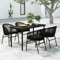 vidaXL - 5-delige Tuinset met kussens - Zwart PVC-rattan en staal - 140x70 cm