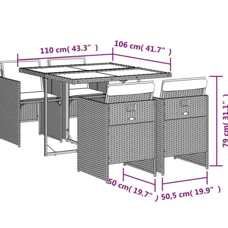 vidaXL - 5-delige Tuinset met donkergrijs kussens - Poly rattan - 110x106 cm