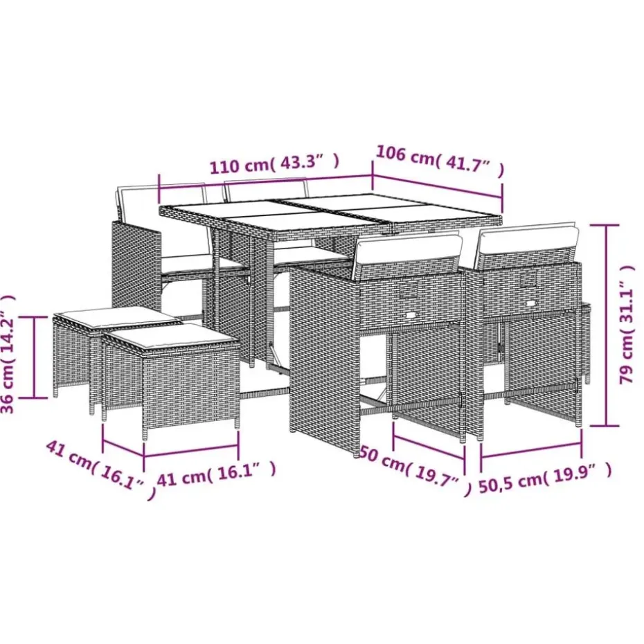 vidaXL - 9-delige Tuinset wit kussens 4 krukken - Zwart - PE rattan - 110x106 cm
