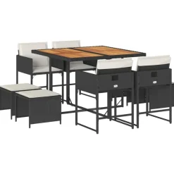 vidaXL - 9-delige Tuinset wit kussens 4 krukken - Zwart poly rattan - 110x106 cm