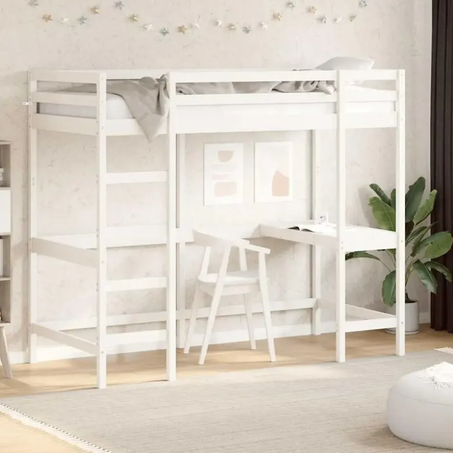 vidaXL - Hoogslaper met bureau - Wit - Massief grenenhout - 90x190 cm