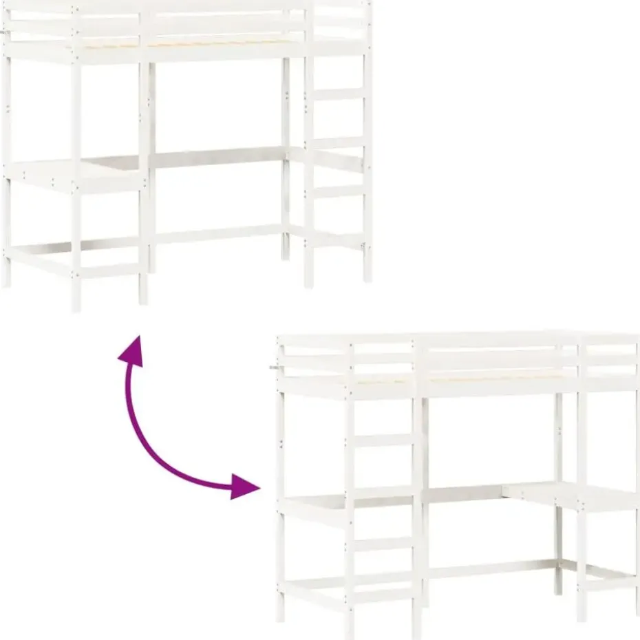 vidaXL - Hoogslaper met bureau - Wit - Massief grenenhout - 90x190 cm