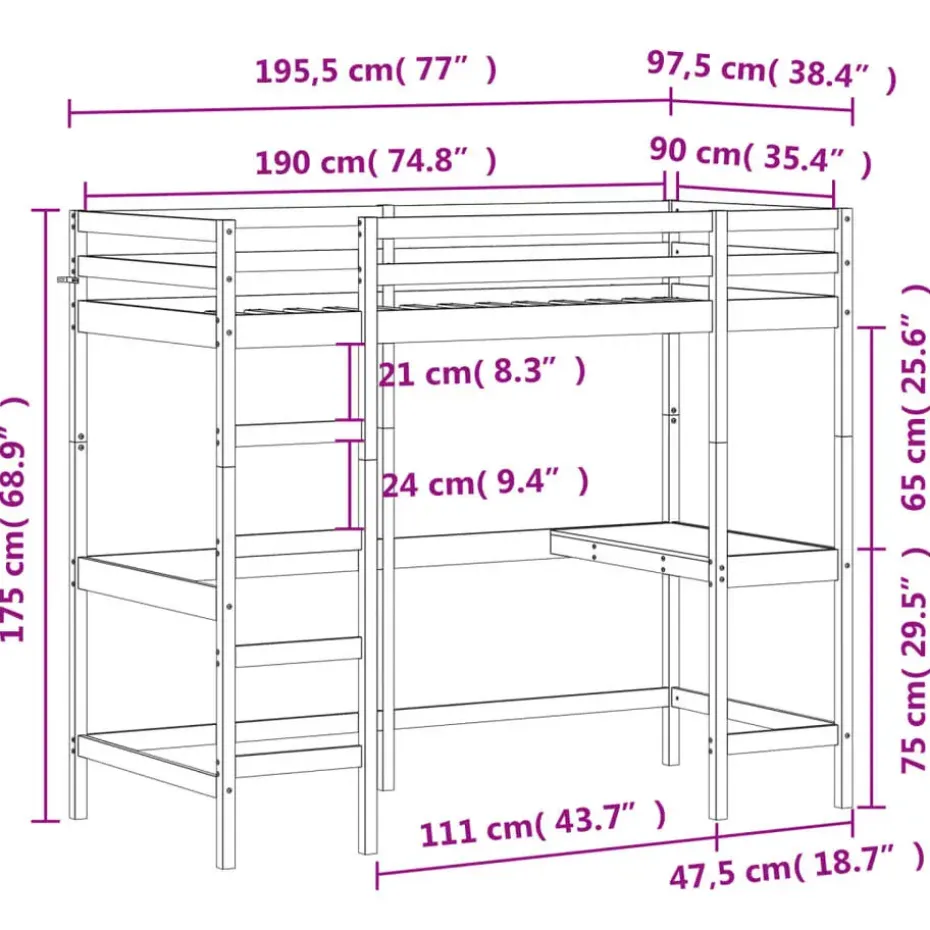 vidaXL - Hoogslaper met bureau - Wit - Massief grenenhout - 90x190 cm