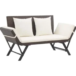 vidaXL - 2-in-1 Tuinbankje met kussens - Bruin - Poly rattan - 176x70x80 cm
