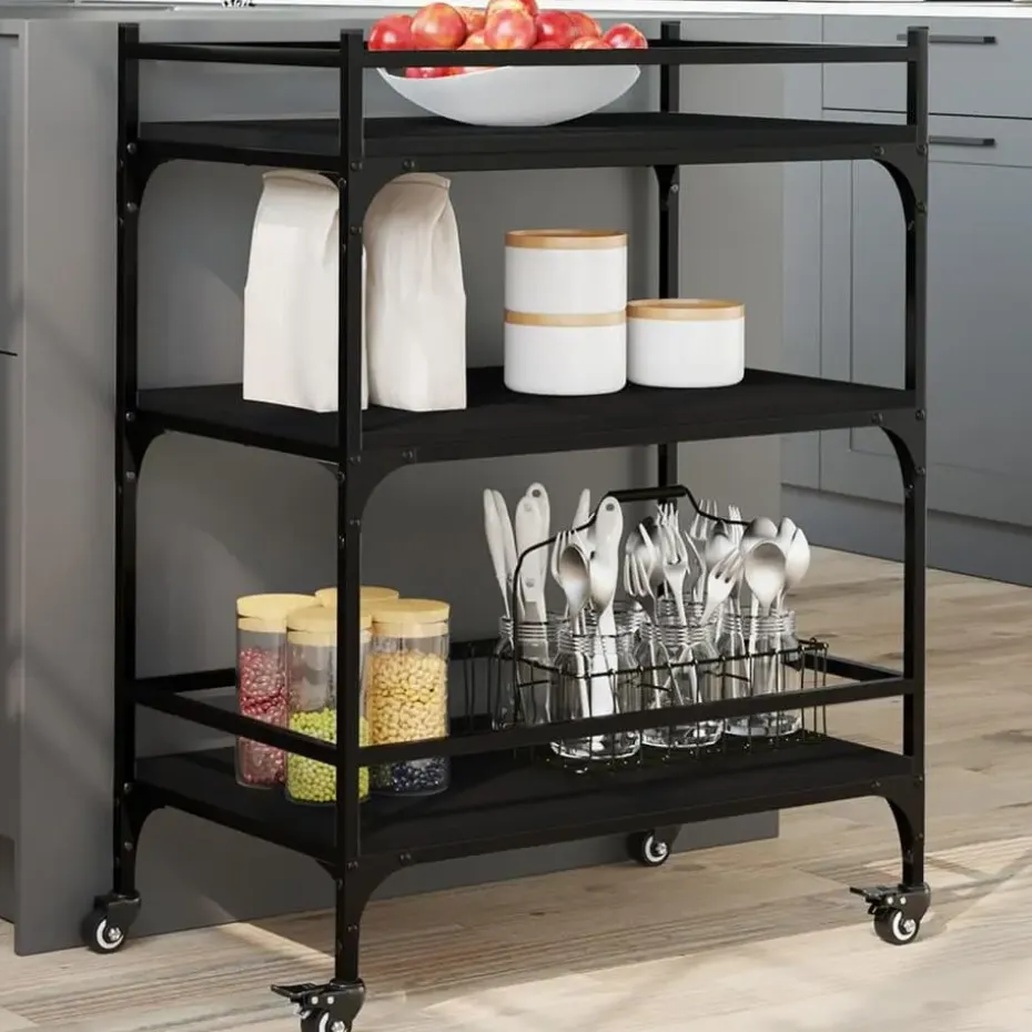 vidaXL - Keukentrolley - Zwart - Bewerkt hout