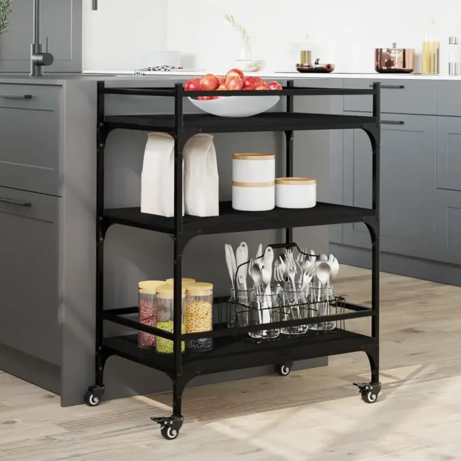 vidaXL - Keukentrolley - Zwart - Bewerkt hout