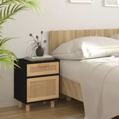 vidaXL - Nachtkastjes - Zwart - Grenenhout en natuurlijk rattan - 2 stuks