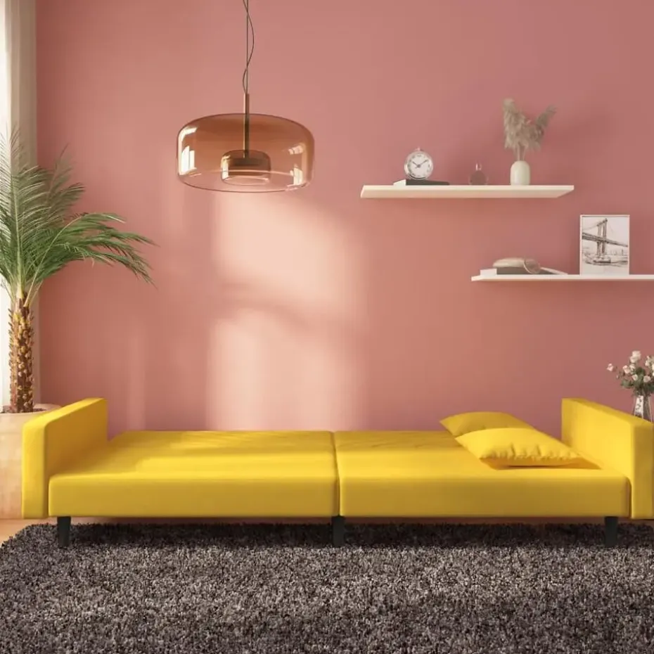 vidaXL - Slaapbank 2-zits - Geel - Fluweel - Met kussens