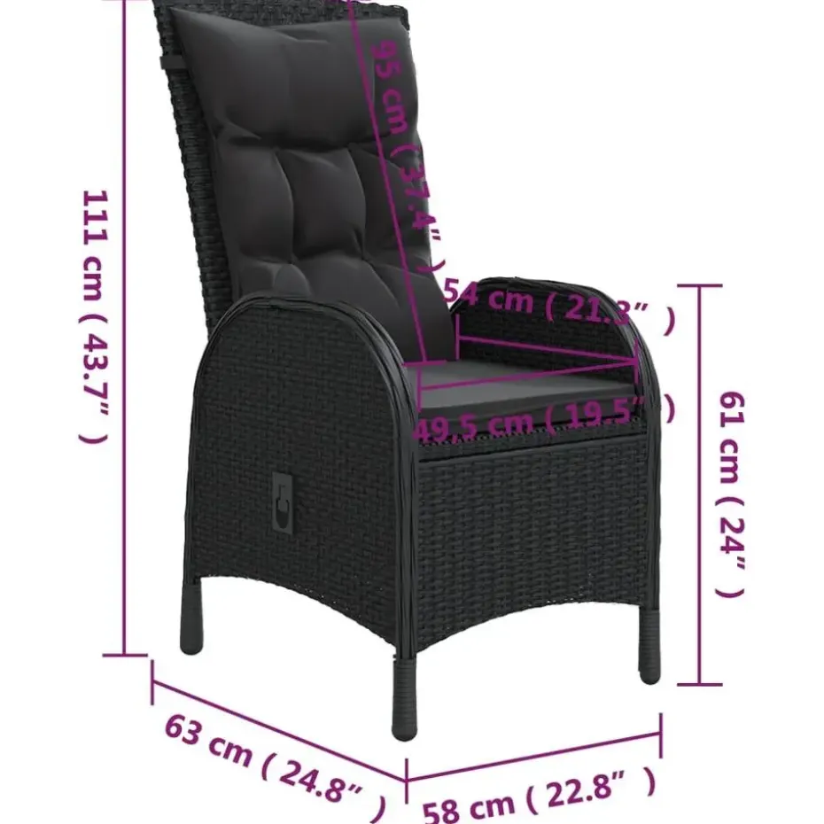 vidaXL - Verstelbaar Tuinset met zwart kussens - Poly rattan en bruin - 5 stuks