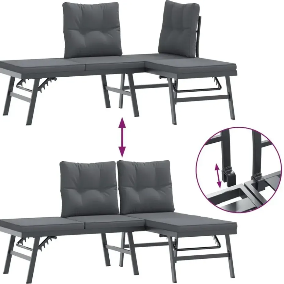 vidaXL - Verstelbare Tuinbanken met kussens zwart - Gepoedercoat staal - 2 stuks