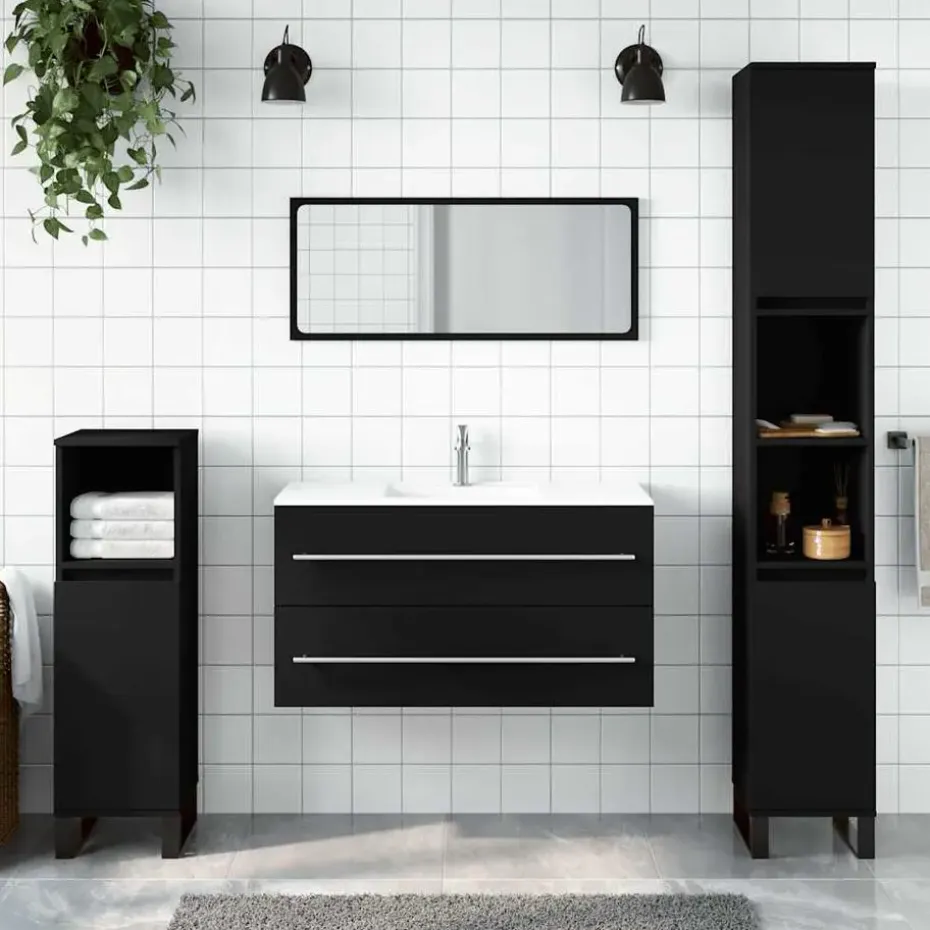 vidaXL - Wastafelonderkast met spiegel - 2 lades - Zwart - Bewerkt hout