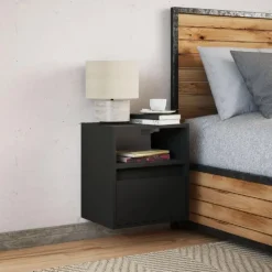 vidaXL - Zwevend LED Nachtkastje met lade en vak - Zwart - Hout - 41x31x45 cm