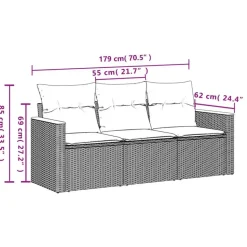 vidaXL 3-delige Loungeset met kussens en hout armsteun - Grijs - Poly rattan