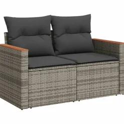 vidaXL 4-delige Loungeset met kussens en hout armsteun - Grijs - Poly rattan