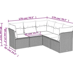 vidaXL 5-delige Loungeset met kussens voor 5 personen - Grijs - Poly Rattan