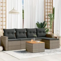 vidaXL 6-delige Loungeset met kussens en salontafel - Grijs - Poly rattan