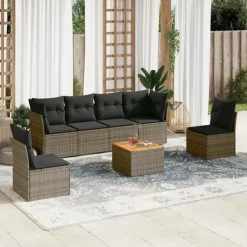 vidaXL 7-delige Loungeset met kussens en hout salontafel - Grijs - Poly rattan