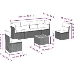 vidaXL 7-delige Loungeset met kussens en hout salontafel - Grijs - Poly rattan