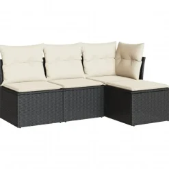 vidaXL 4-delige Loungeset met kussens - Zwart en crème - Poly rattan