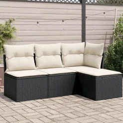 vidaXL 4-delige Loungeset met kussens - Zwart en crème - Poly rattan