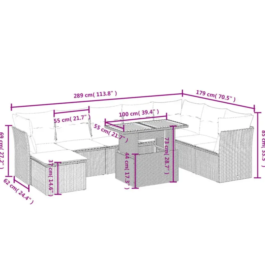 vidaXL 9-delige Loungeset voor 8 met kussens & verstelbaar hout salontafel