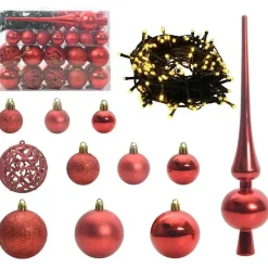 vidaXL Kerstballen met 150 LED - 61-delig - Ø3/4/6 cm - Rood - Kunststof - Mix