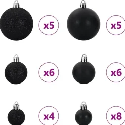 vidaXL Kerstballen set met 150 LED - 61x - Ø3/4/6 cm - Zwart - Kunststof - Mix