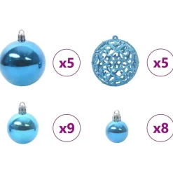 vidaXL Kerstballen set met 150 LED - 61x - Ø3/4/6 cm - Blauw - Kunststof - Mix