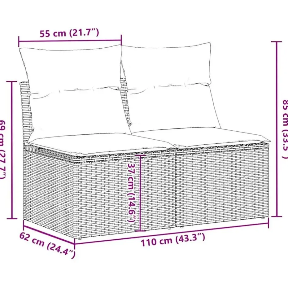 vidaXL Loungebank 2 zits met kussens poly rattan - Grijs - 110x62x69 cm