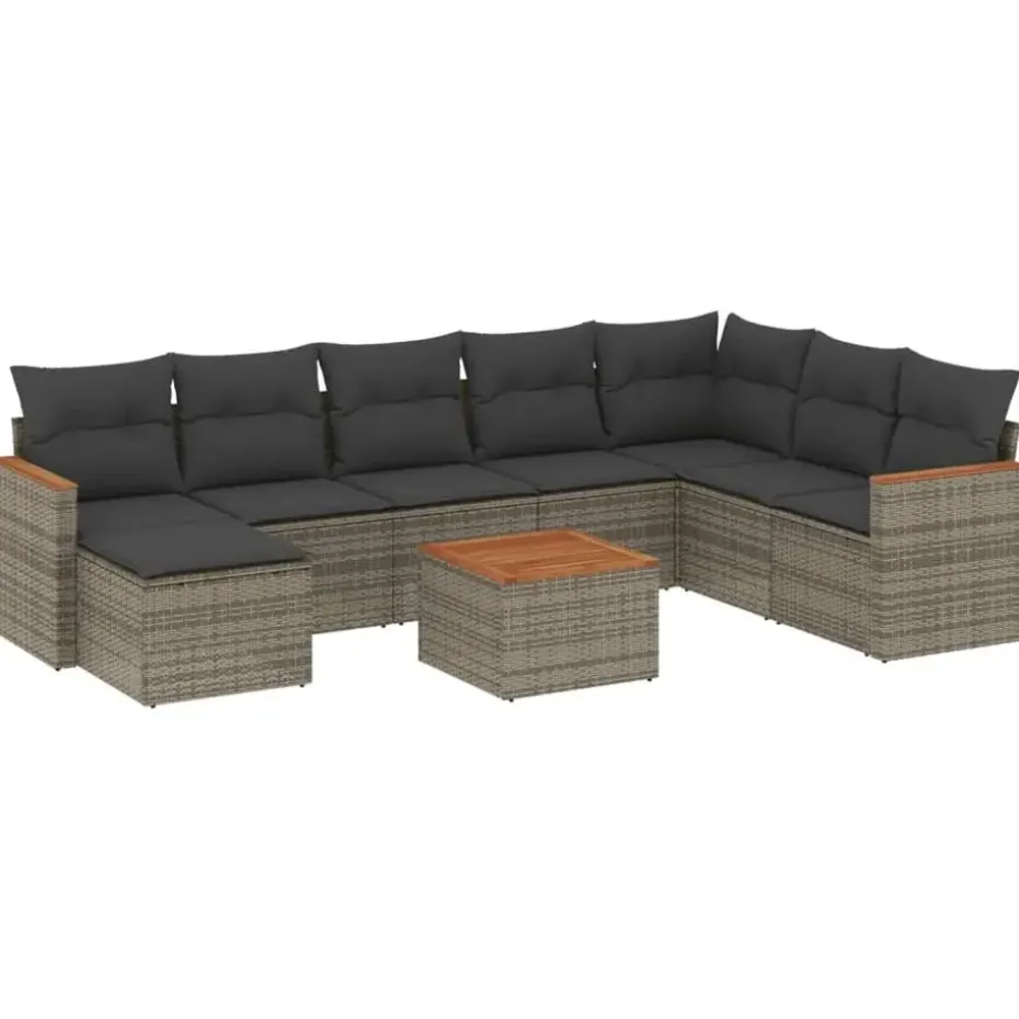 vidaXL Loungeset met 8 kussens en hout armsteun & salontafel - Grijs - 9 stuks